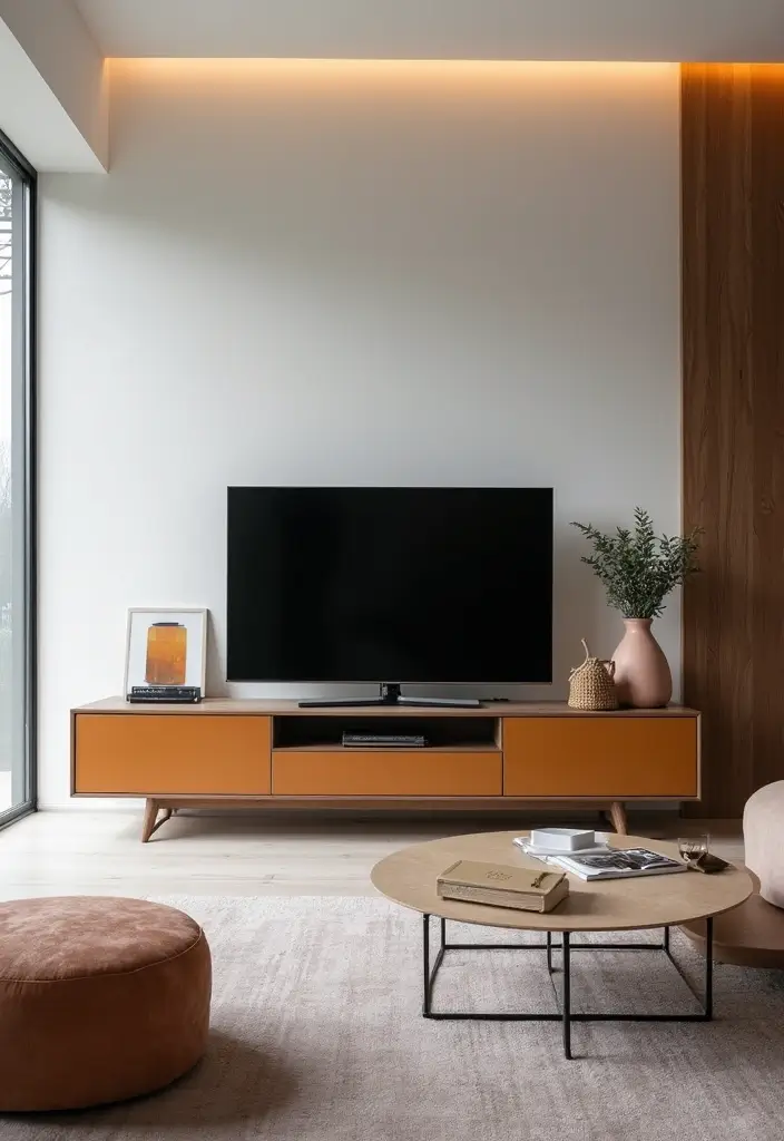 27 TV Stand Living Room Ideas That Look Functional and Sleek - 13. Artistic TV Stands
