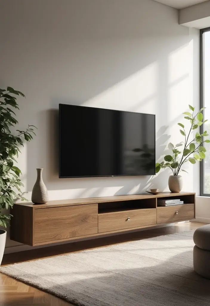 27 TV Stand Living Room Ideas That Look Functional and Sleek - 15. Floating Bench TV Stands