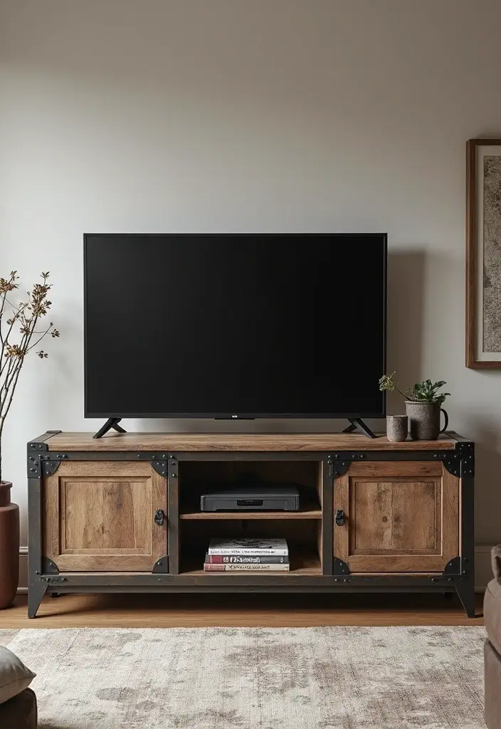 27 TV Stand Living Room Ideas That Look Functional and Sleek - 16. Industrial-Style Stands