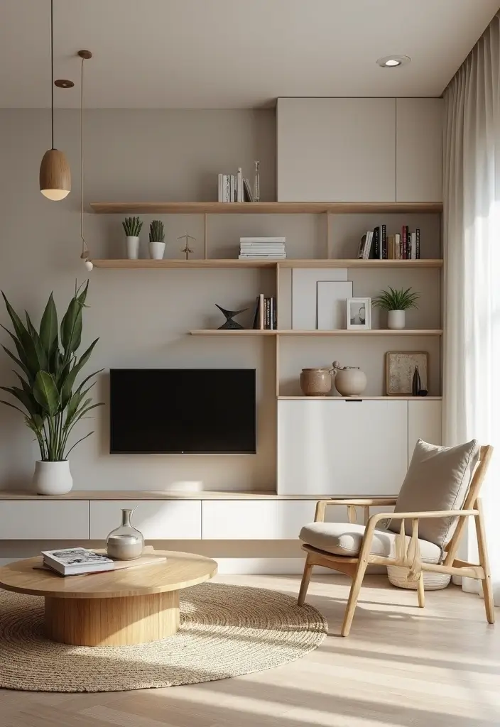 27 TV Stand Living Room Ideas That Look Functional and Sleek - 2. Minimalist Open Shelving Units