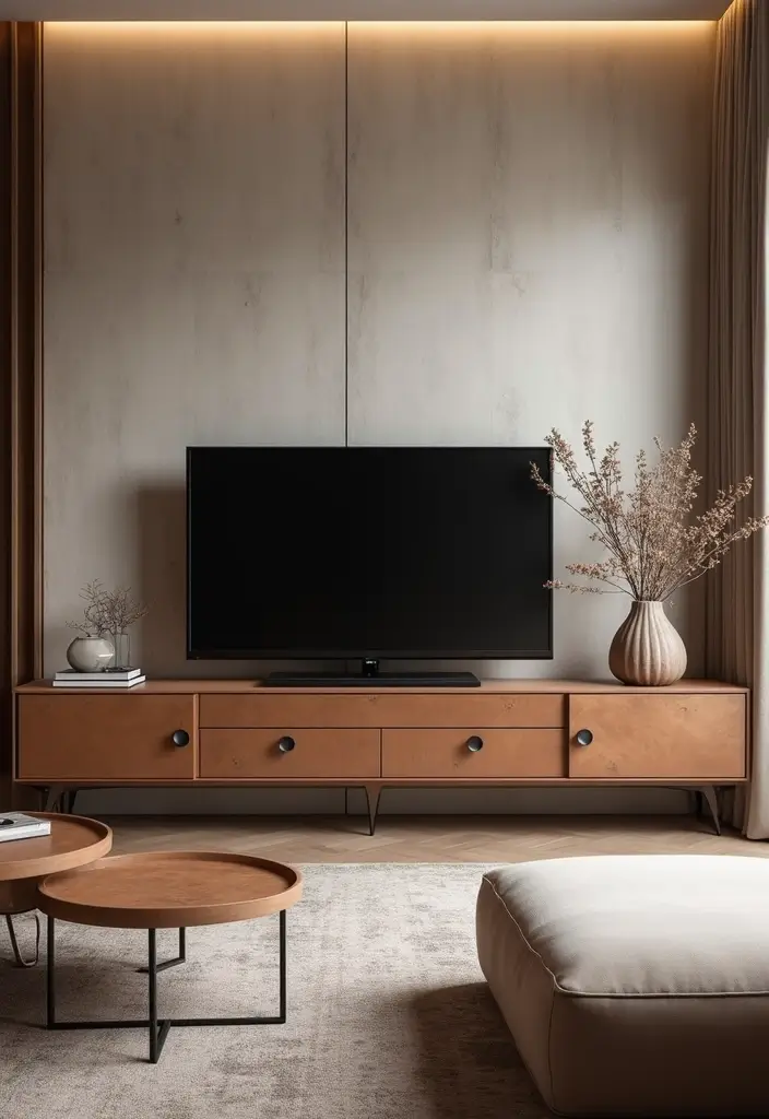 27 TV Stand Living Room Ideas That Look Functional and Sleek - 25. Leather-Wrapped Stands