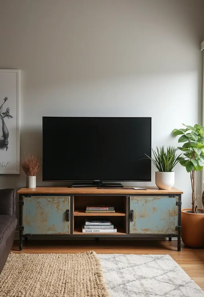27 TV Stand Living Room Ideas That Look Functional and Sleek - 26. Industrial Vintage Combinations
