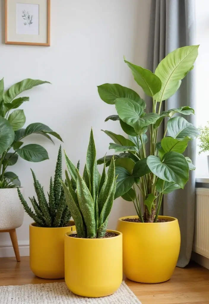 27 Yellow Living Room Ideas That Feel Cheerful and Bright - 11. Indoor Plants with Yellow Accents