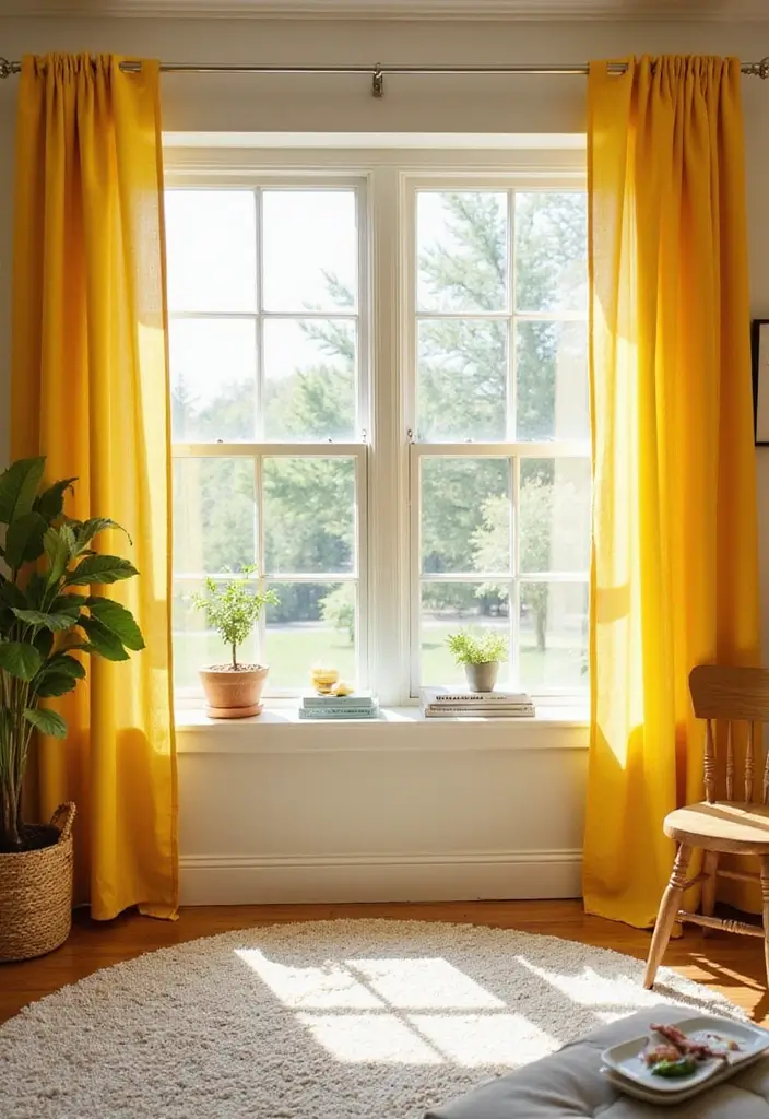 27 Yellow Living Room Ideas That Feel Cheerful and Bright - 12. Yellow Window Treatments