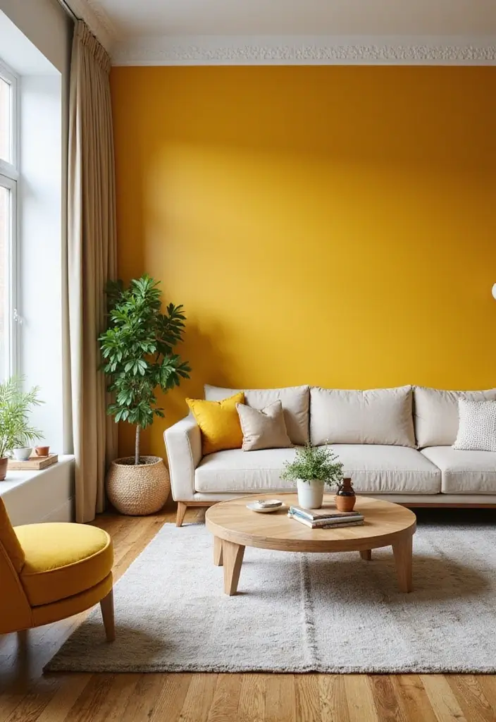 27 Yellow Living Room Ideas That Feel Cheerful and Bright - 13. Yellow Accent Walls