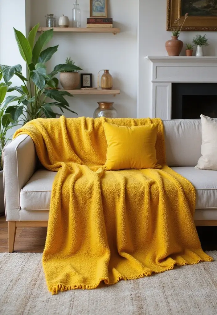 27 Yellow Living Room Ideas That Feel Cheerful and Bright - 14. Yellow Decorative Throw Blankets