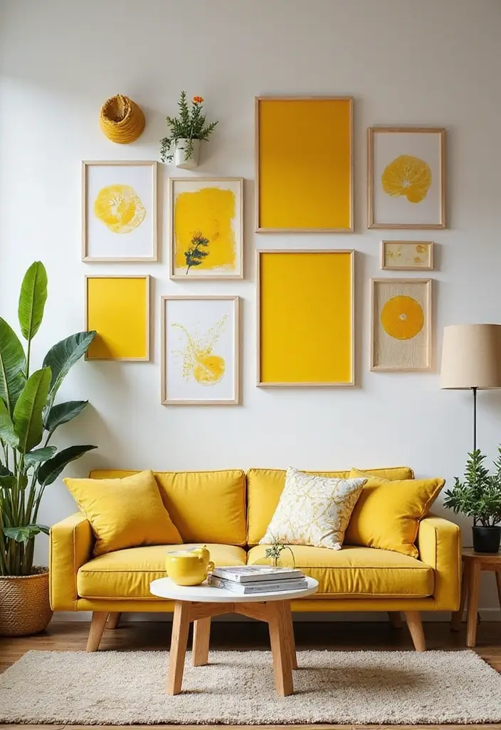 27 Yellow Living Room Ideas That Feel Cheerful and Bright - 15. Yellow Wall Art Prints