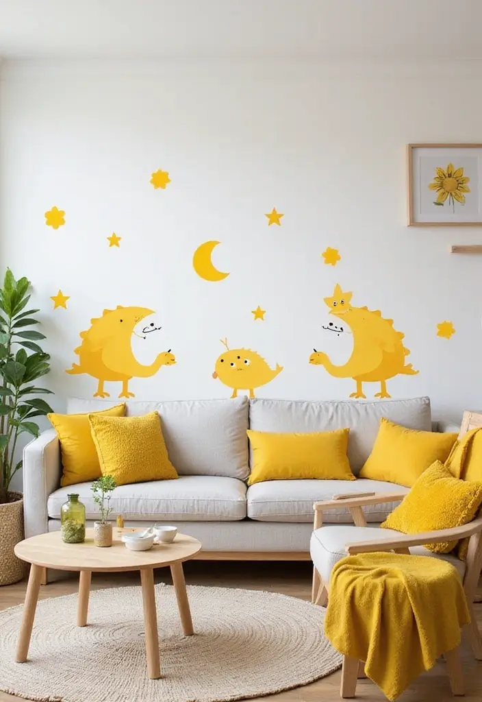 27 Yellow Living Room Ideas That Feel Cheerful and Bright - 21. Yellow Wall Stickers and Decals