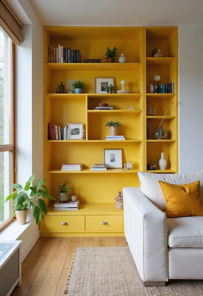 27 Yellow Living Room Ideas That Feel Cheerful and Bright - 22. Yellow Inbuilt Shelves