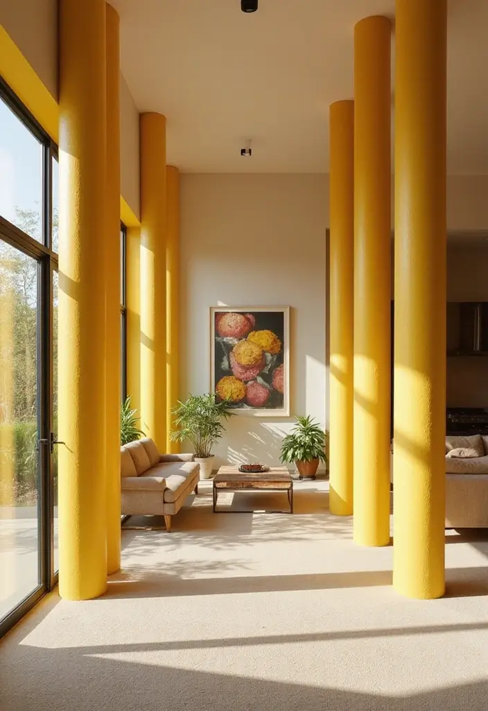 27 Yellow Living Room Ideas That Feel Cheerful and Bright - 25. Yellow Pillars and Columns