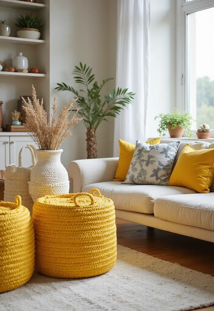 27 Yellow Living Room Ideas That Feel Cheerful and Bright - 26. Yellow Decorative Baskets