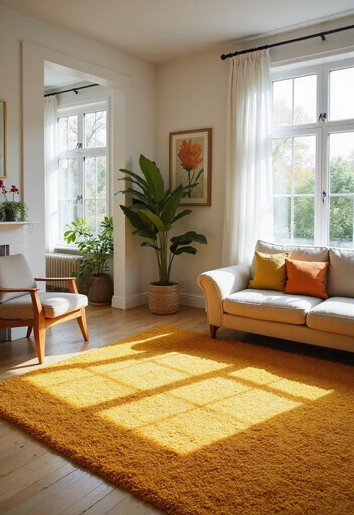 27 Yellow Living Room Ideas That Feel Cheerful and Bright - 4. Sunny Statement Rugs