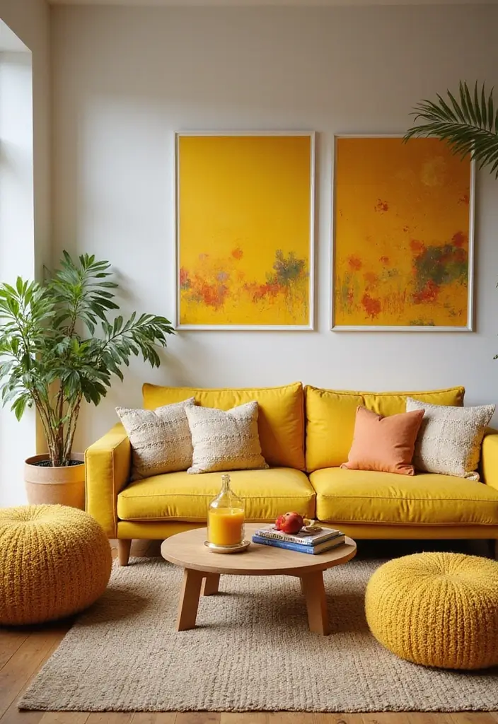 27 Yellow Living Room Ideas That Feel Cheerful and Bright - 5. Vibrant Art Pieces