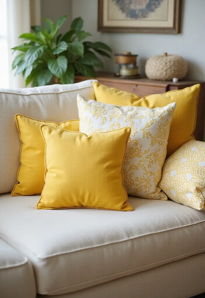 27 Yellow Living Room Ideas That Feel Cheerful and Bright - 7. Yellow Throw Pillows