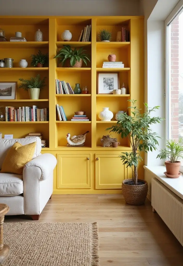 27 Yellow Living Room Ideas That Feel Cheerful and Bright - 8. Yellow Bookshelves