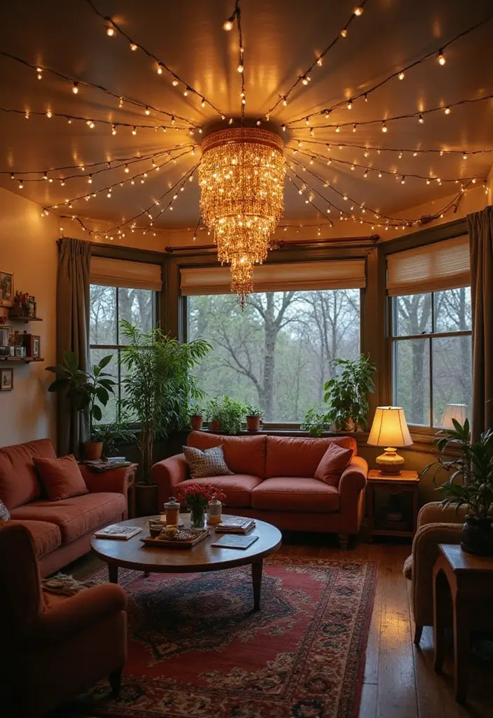 28 College Living Room Apartment Ideas That Are Budget Friendly and Stylish - 23. Statement Ceiling Decor