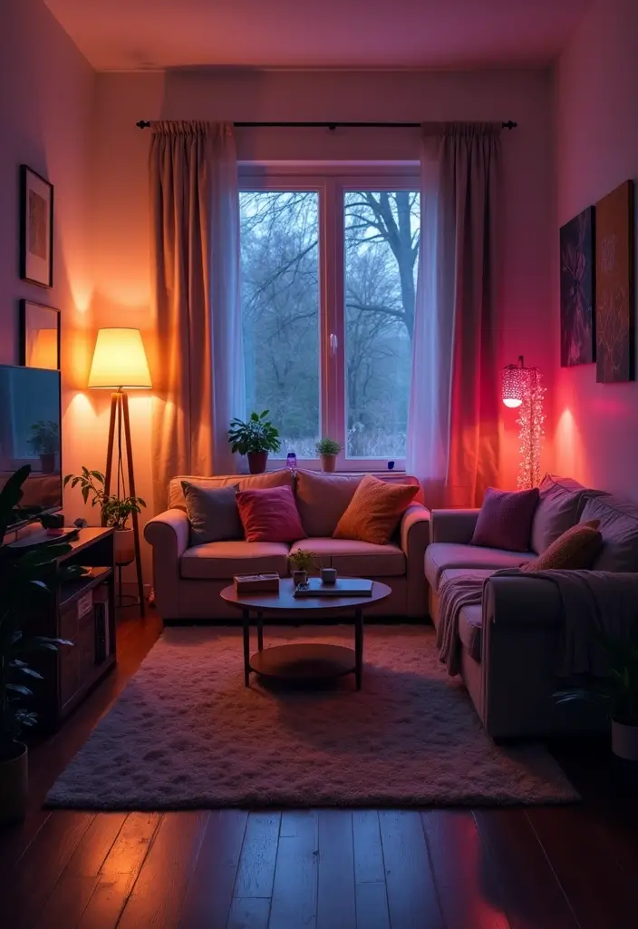 28 College Living Room Apartment Ideas That Are Budget Friendly and Stylish - 24. Mood Lighting
