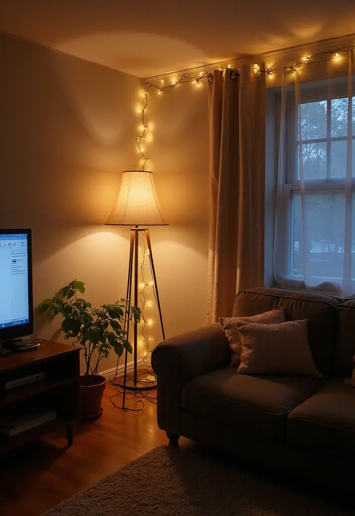 28 College Living Room Apartment Ideas That Are Budget Friendly and Stylish - 26. Soft Corner Lighting