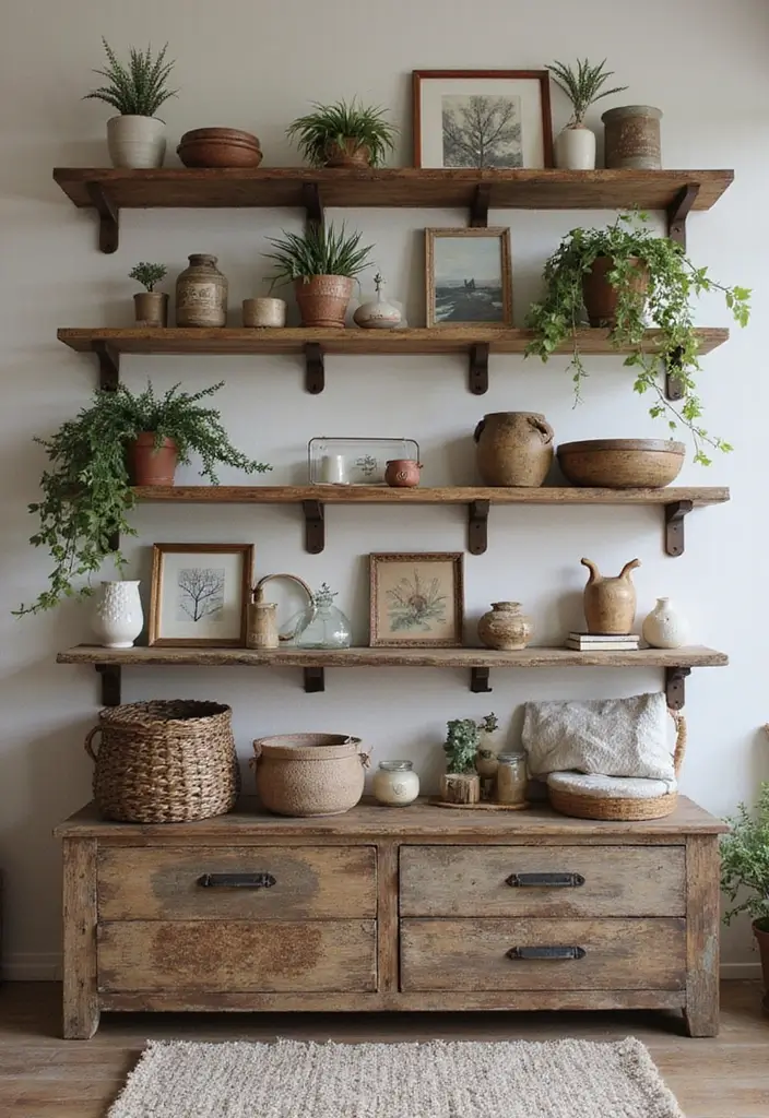 28 Country Living Room Decorating Ideas That Feel Rustic and Homey - 11. Open Shelving for Display