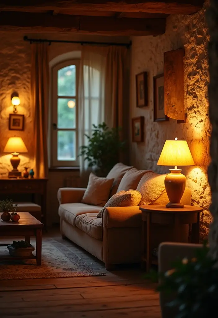 28 Country Living Room Decorating Ideas That Feel Rustic and Homey - 12. Soft Ambient Lighting
