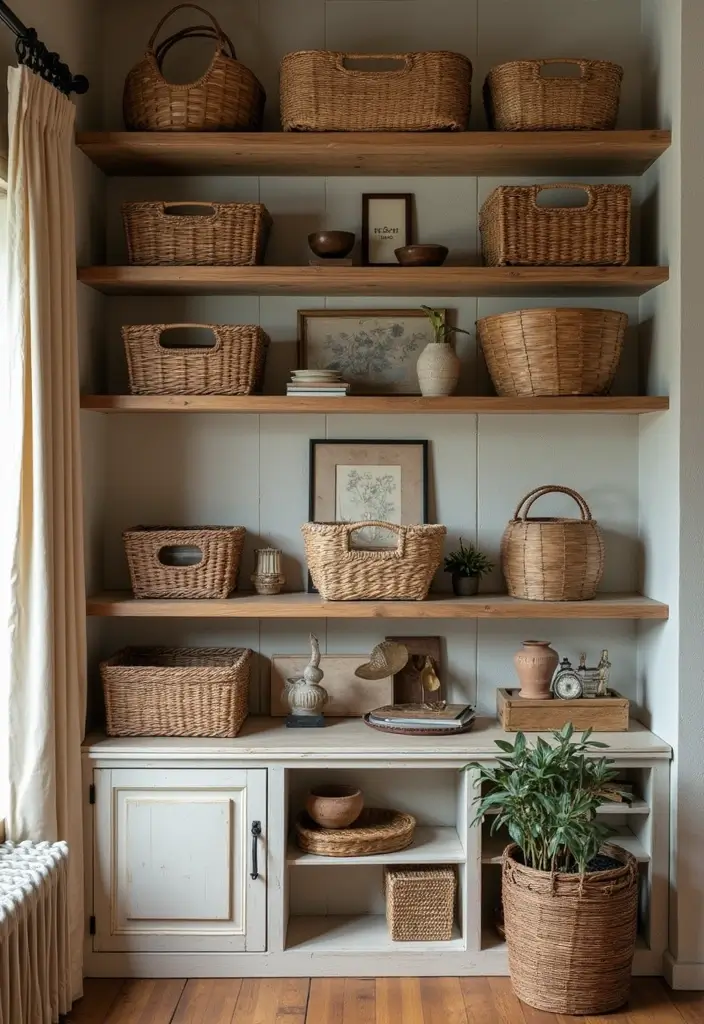 28 Country Living Room Decorating Ideas That Feel Rustic and Homey - 19. Functional Decorative Baskets