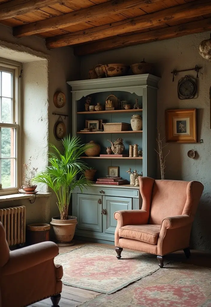 28 Country Living Room Decorating Ideas That Feel Rustic and Homey - 22. Vintage Finds Showcase