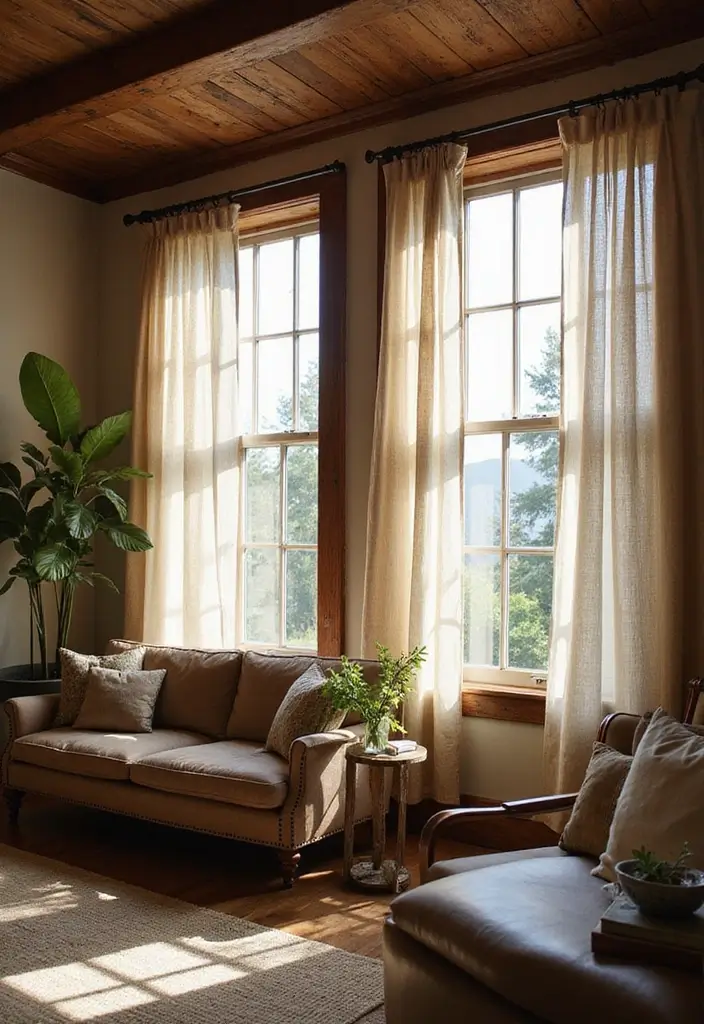 28 Country Living Room Decorating Ideas That Feel Rustic and Homey - 25. Layered Window Treatments