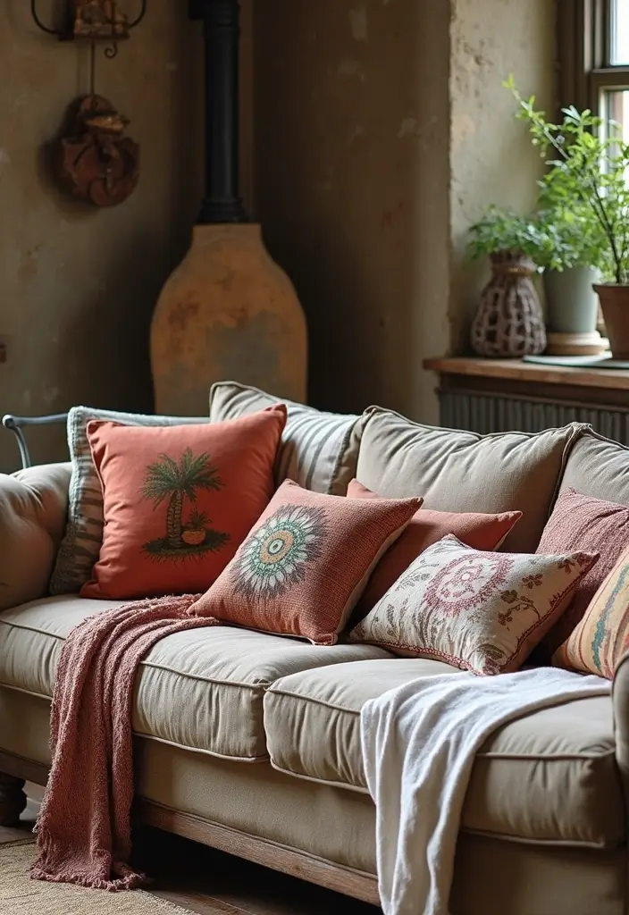 28 Country Living Room Decorating Ideas That Feel Rustic and Homey - 27. Eclectic Throw Pillows