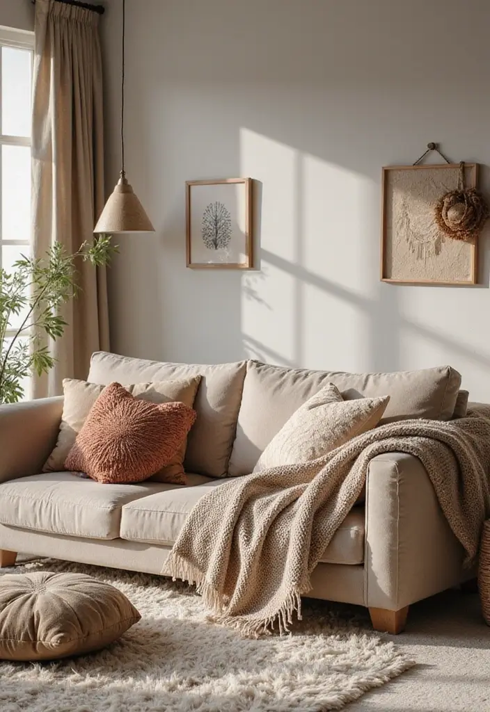 28 Country Living Room Decorating Ideas That Feel Rustic and Homey - 6. Layered Textures for Comfort