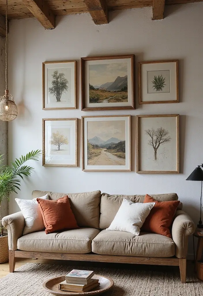 28 Country Living Room Decorating Ideas That Feel Rustic and Homey - 8. Rustic Art and Wall Decor