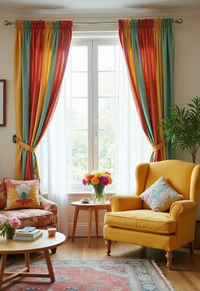 28 Curtains Design Living Room Ideas That Feel Modern and Elegant - 11. Colorful Tie-Back Curtains