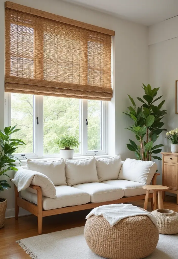 28 Curtains Design Living Room Ideas That Feel Modern and Elegant - 2. Bamboo Blinds