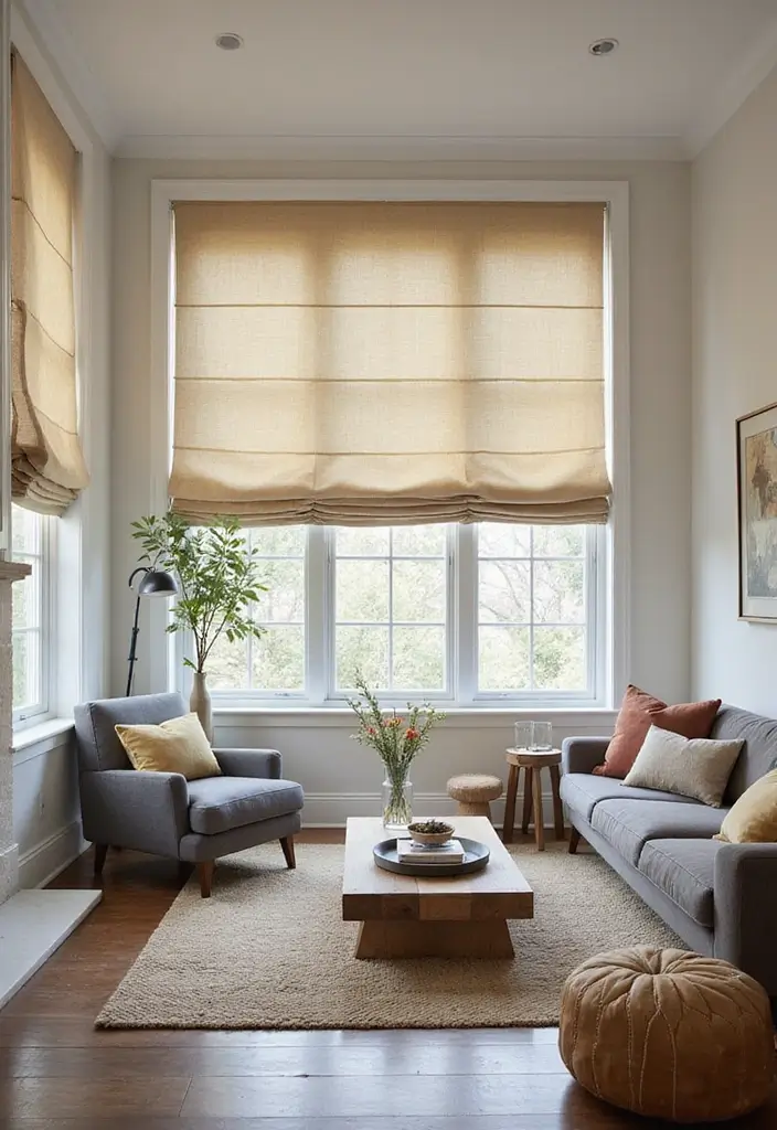 28 Curtains Design Living Room Ideas That Feel Modern and Elegant - 22. Classic Roman Shades