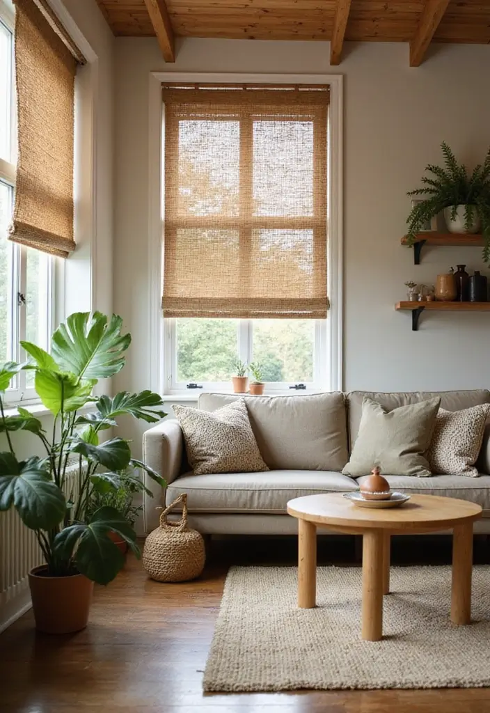 28 Curtains Design Living Room Ideas That Feel Modern and Elegant - 6. Natural Fiber Shades