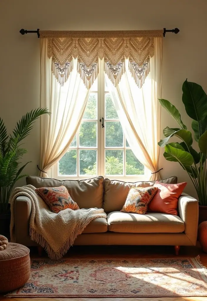 28 Curtains Design Living Room Ideas That Feel Modern and Elegant - 9. Macrame Window Treatments