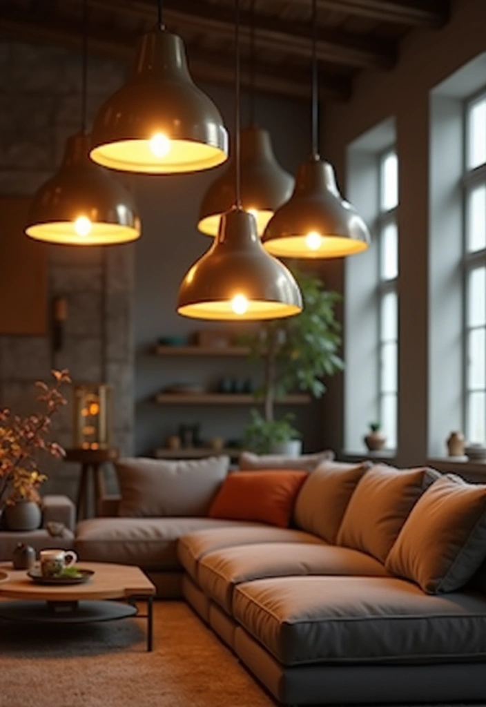 28 Dim Lighting Living Room Ideas That Feel Warm and Relaxing - 1. Soft Pendant Lights for a Touch of Elegance