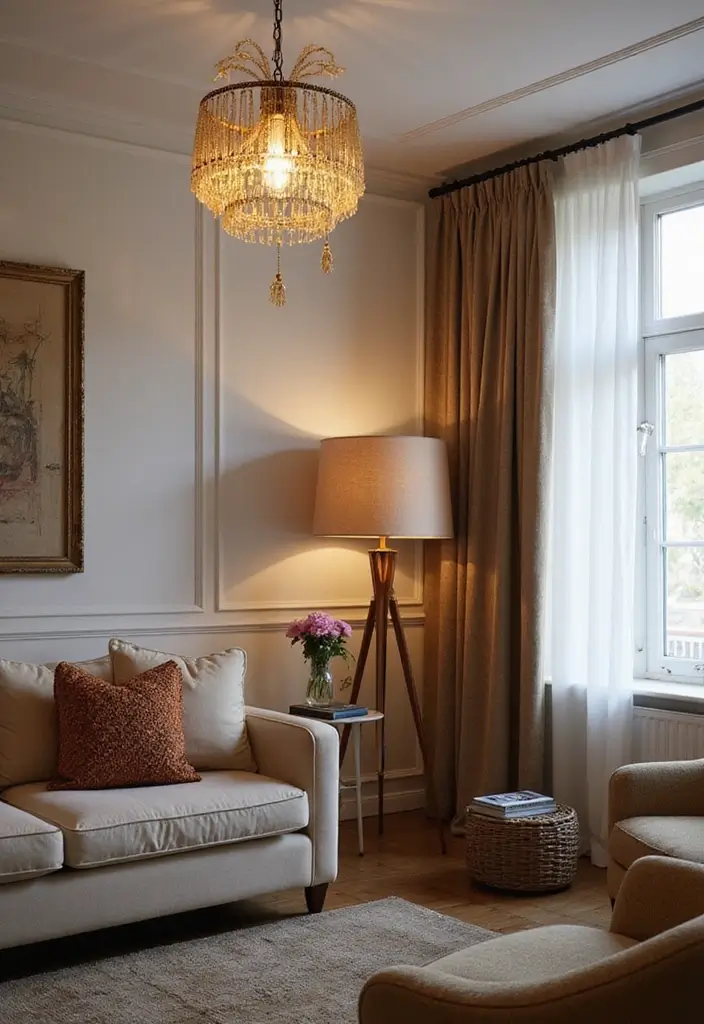 28 Dim Lighting Living Room Ideas That Feel Warm and Relaxing - 10. Accent Lighting with Unique Fixtures