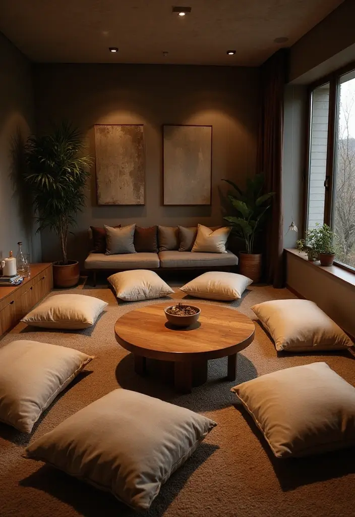 28 Dim Lighting Living Room Ideas That Feel Warm and Relaxing - 12. Floor Cushions for a Laid-Back Feel