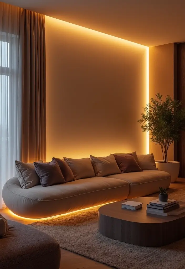 28 Dim Lighting Living Room Ideas That Feel Warm and Relaxing - 15. Soft LED Lighting Behind Furniture