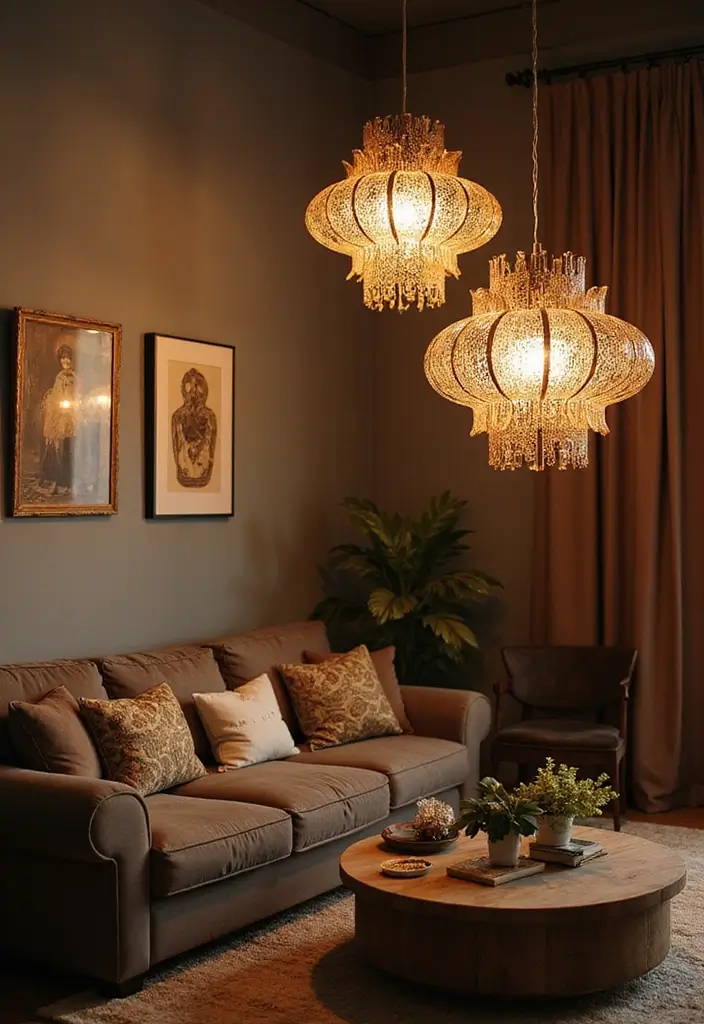 28 Dim Lighting Living Room Ideas That Feel Warm and Relaxing - 18. Artful Light Fixtures