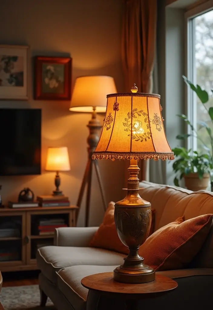 28 Dim Lighting Living Room Ideas That Feel Warm and Relaxing - 19. Vintage Lamp Styles for Timeless Charm