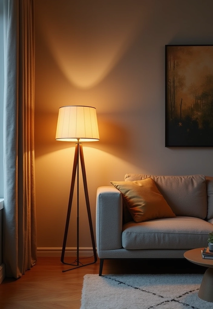 28 Dim Lighting Living Room Ideas That Feel Warm and Relaxing - 2. Floor Lamps with Dimmable Features