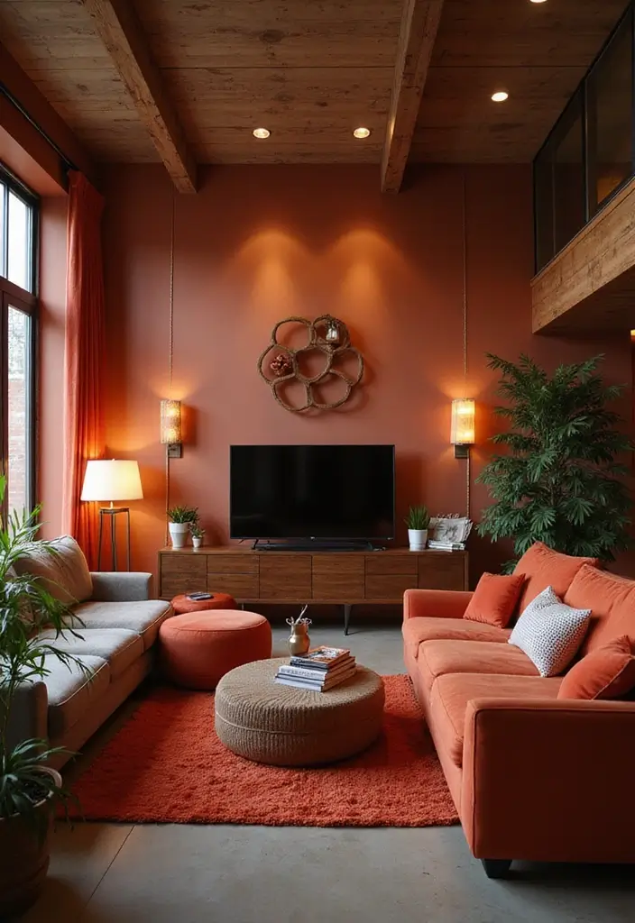 28 Dim Lighting Living Room Ideas That Feel Warm and Relaxing - 23. Warm Color Accents with Decor