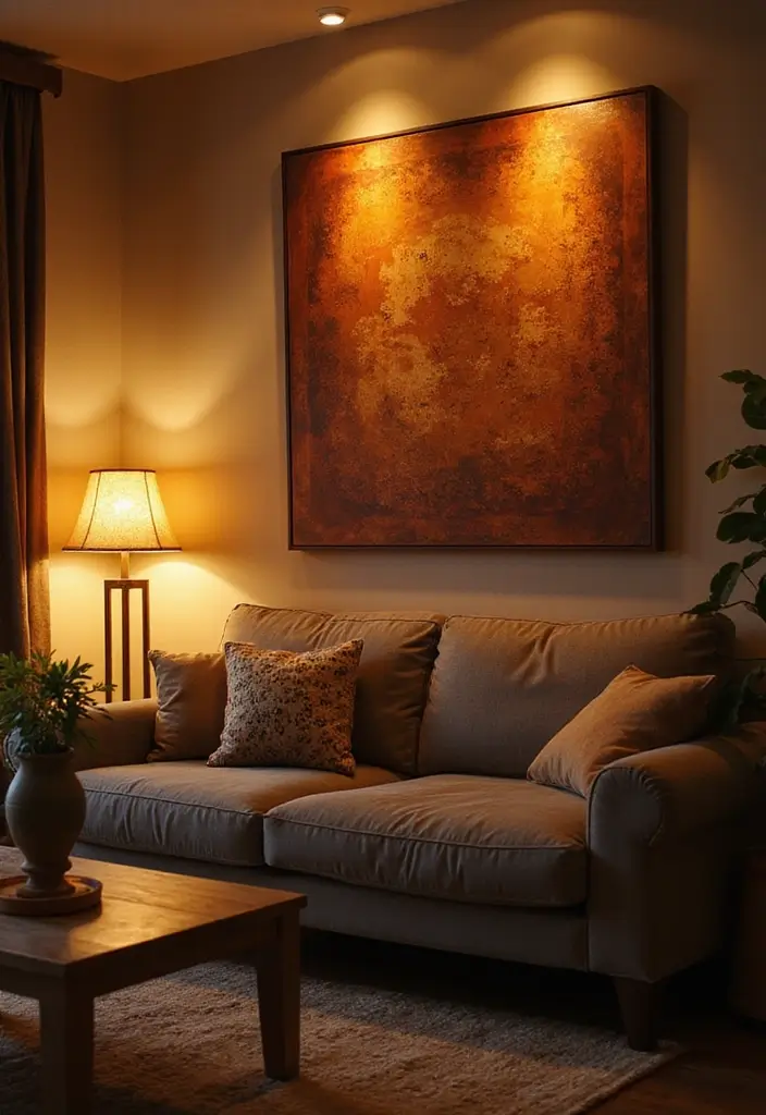 28 Dim Lighting Living Room Ideas That Feel Warm and Relaxing - 25. Wall Art with Warm Lighting Effects