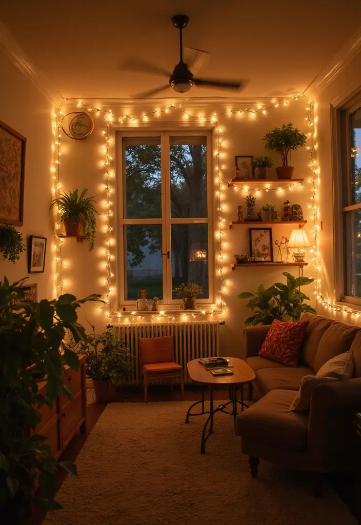 28 Dim Lighting Living Room Ideas That Feel Warm and Relaxing - 3. String Lights for a Whimsical Touch