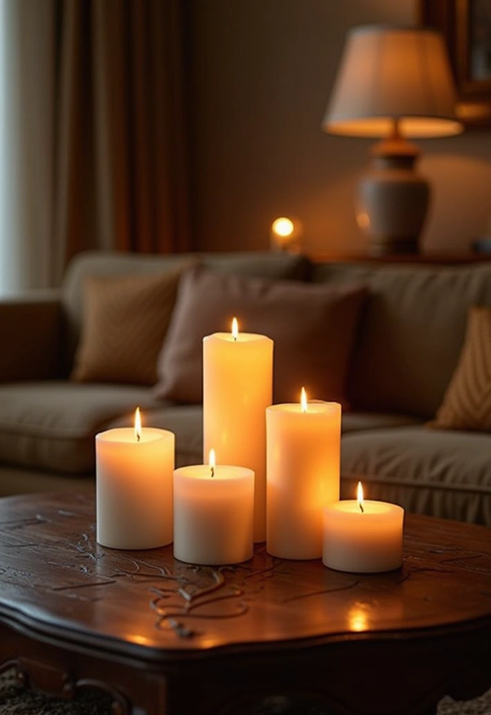 28 Dim Lighting Living Room Ideas That Feel Warm and Relaxing - 4. Candle Arrangements for a Romantic Glow