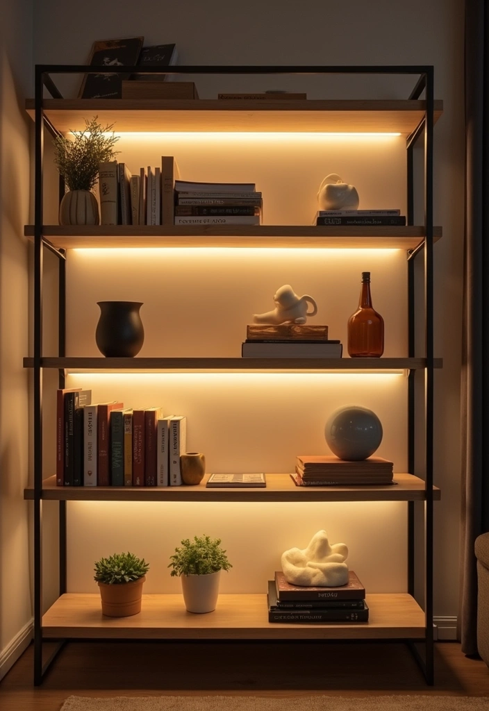 28 Dim Lighting Living Room Ideas That Feel Warm and Relaxing - 7. Minimalist Shelf Lighting