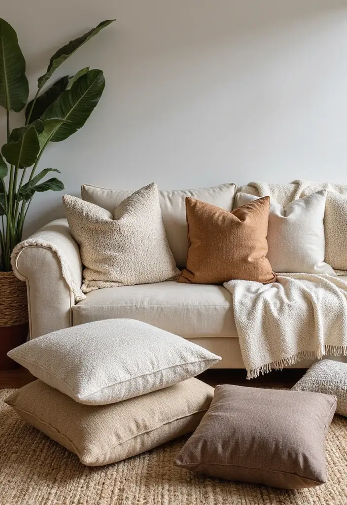 28 Earthy Living Room Ideas That Feel Grounded and Relaxed - 10. Cozy Throws and Cushions