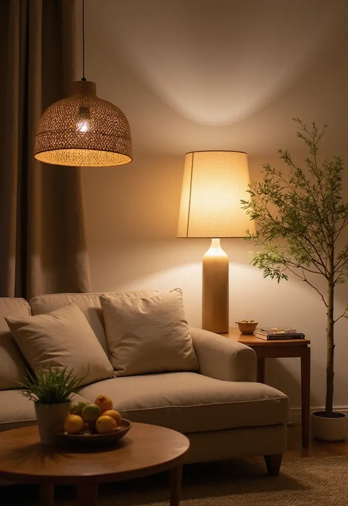 28 Earthy Living Room Ideas That Feel Grounded and Relaxed - 15. Soft Lighting with Natural Materials