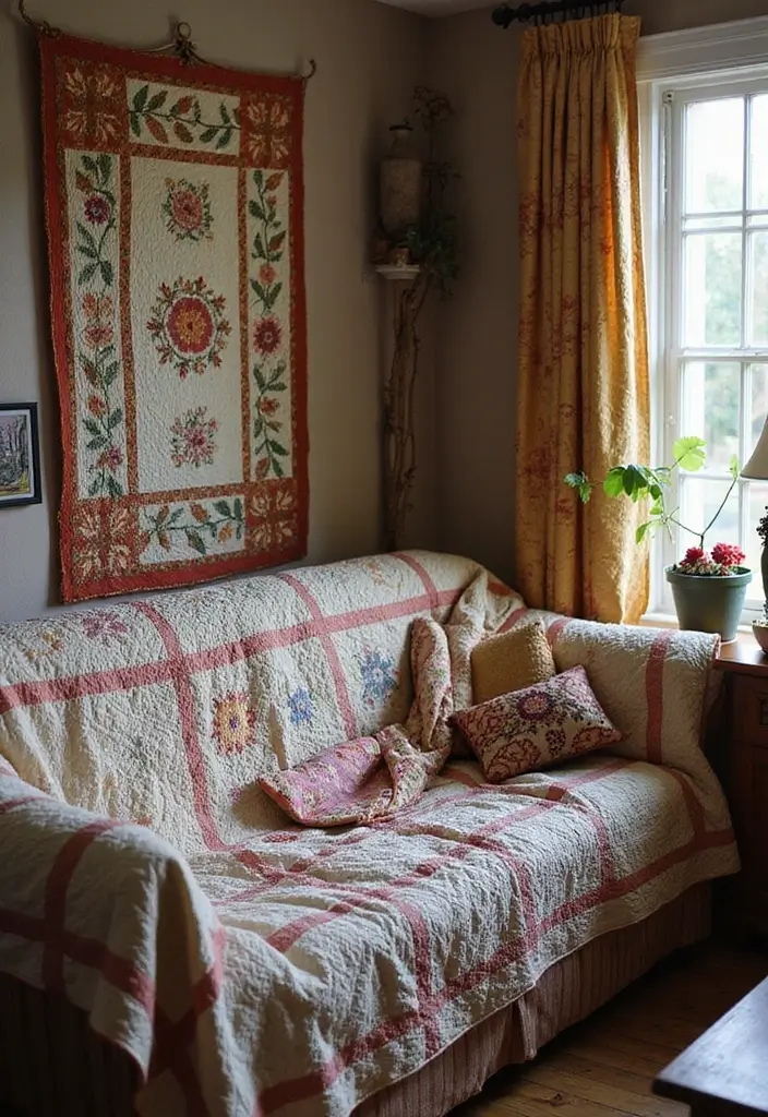 28 Earthy Living Room Ideas That Feel Grounded and Relaxed - 17. Vintage Quilts and Blankets